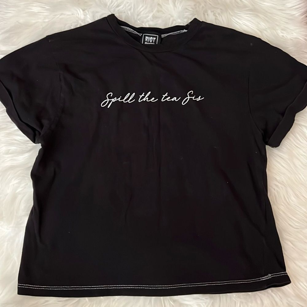 Black Crop Top “Spill the Tea Sis” Size Small